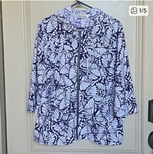 Chico's Zenergy Navy Blue White Butterfly Print Full Zip Hoodie Jacket XL